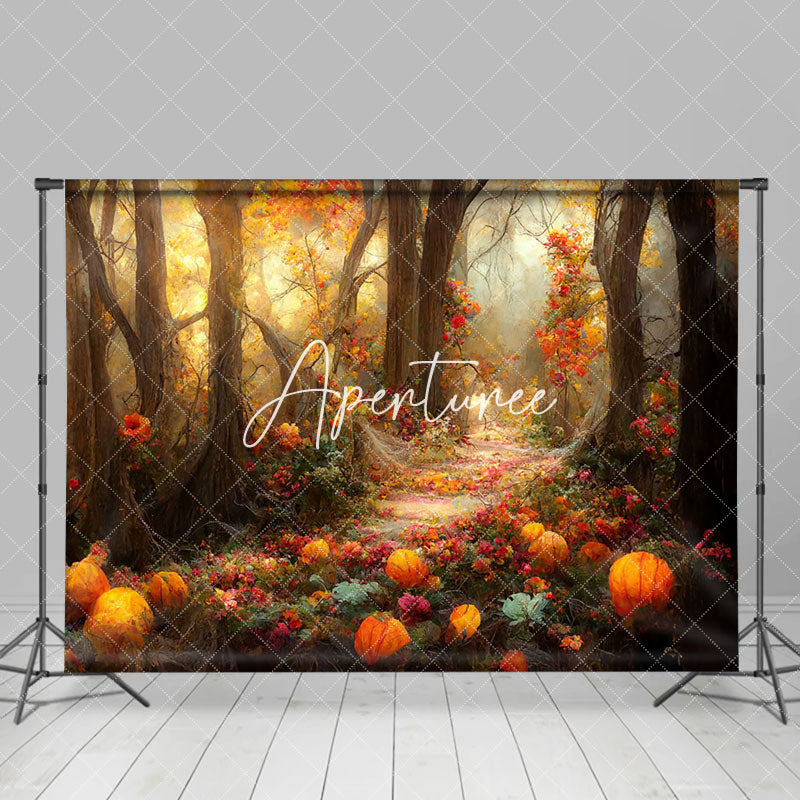 Aperturee - Aperturee Red Flowers Leaves Forest Trod Autumn Photo Backdrop