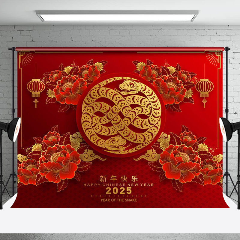 Aperturee - Aperturee Red Flowers Snake Chinese New Year Celebration Backdrop