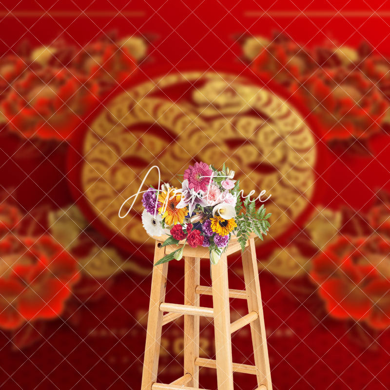 Aperturee - Aperturee Red Flowers Snake Chinese New Year Celebration Backdrop