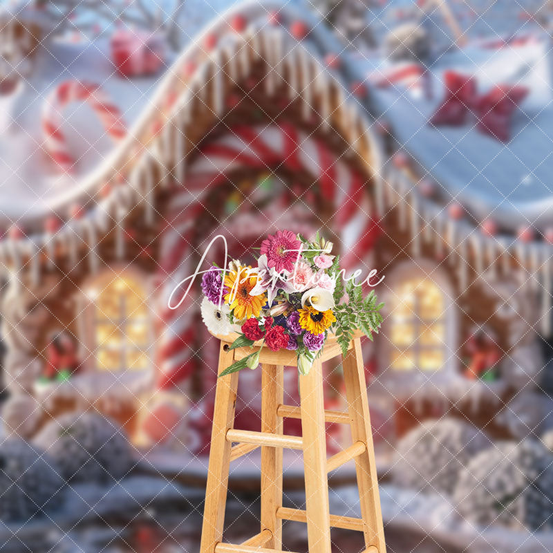 Aperturee - Aperturee Red Gingerbread House Candy Cane Xmas Backdrop