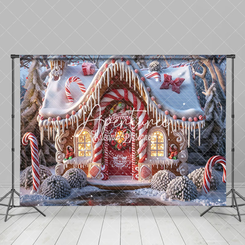 Aperturee - Aperturee Red Gingerbread House Candy Cane Xmas Backdrop