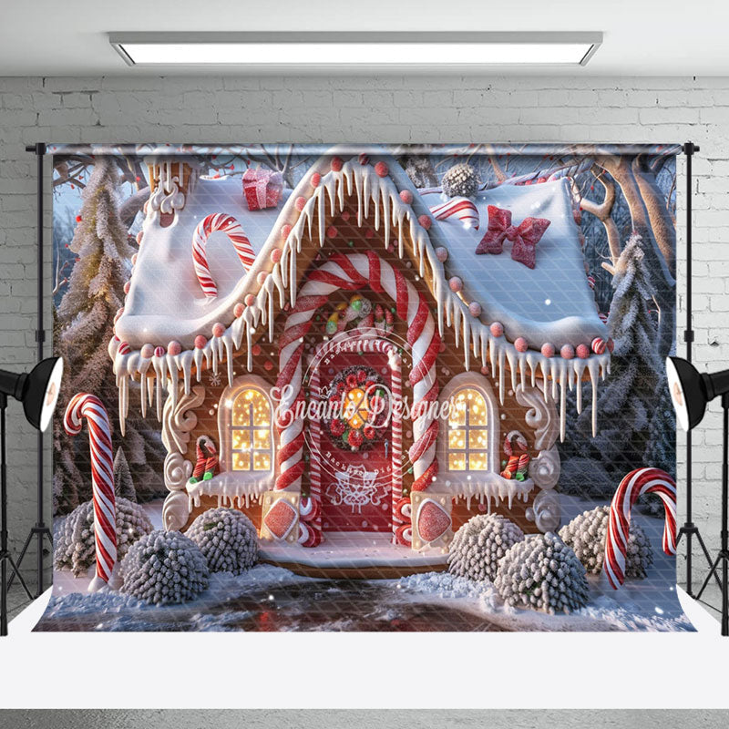 Aperturee - Aperturee Red Gingerbread House Candy Cane Xmas Backdrop