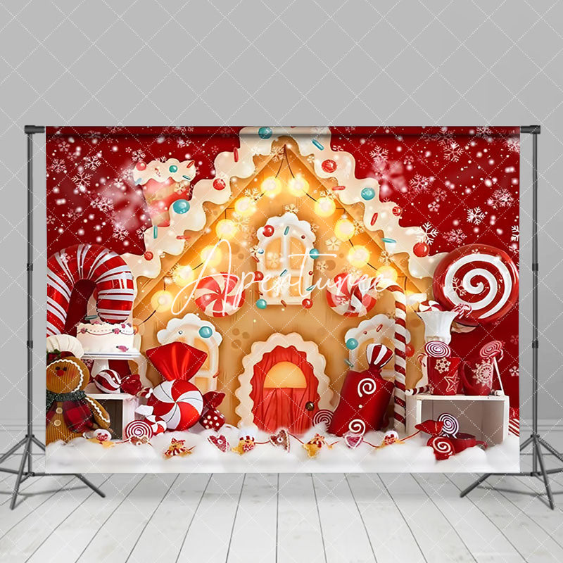 Aperturee - Aperturee Red Gingerbread House Snowflake Christmas Backdrop