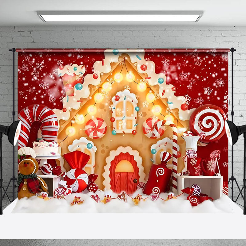 Aperturee - Aperturee Red Gingerbread House Snowflake Christmas Backdrop