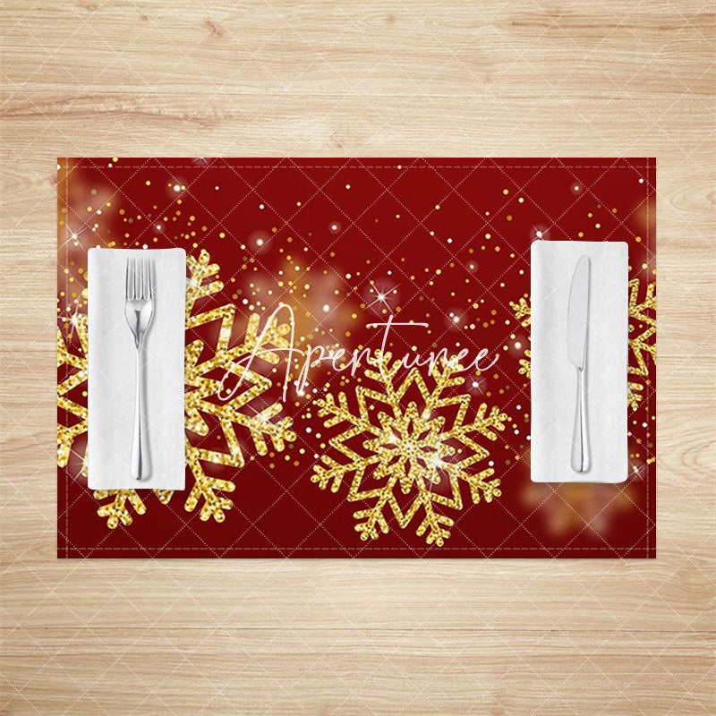 Aperturee - Aperturee Red Gold Bokeh Snowflake Christmas Set Of 4 Placemats