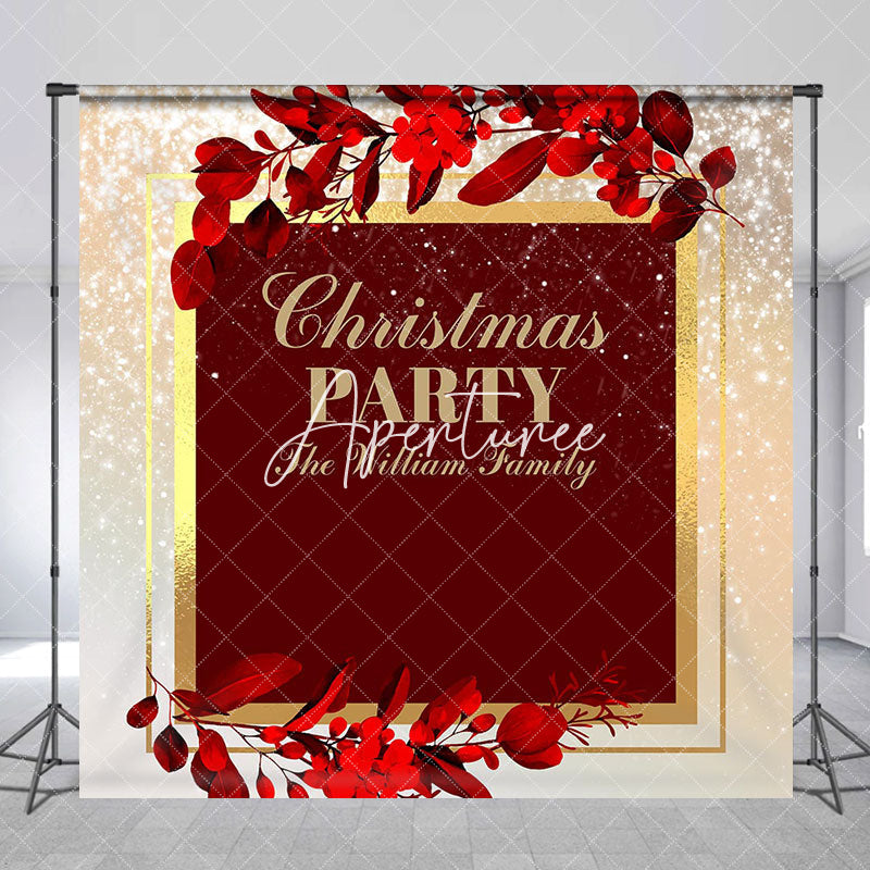 Aperturee - Aperturee Red Gold Leaves Custom Name Christmas Party Backdrop