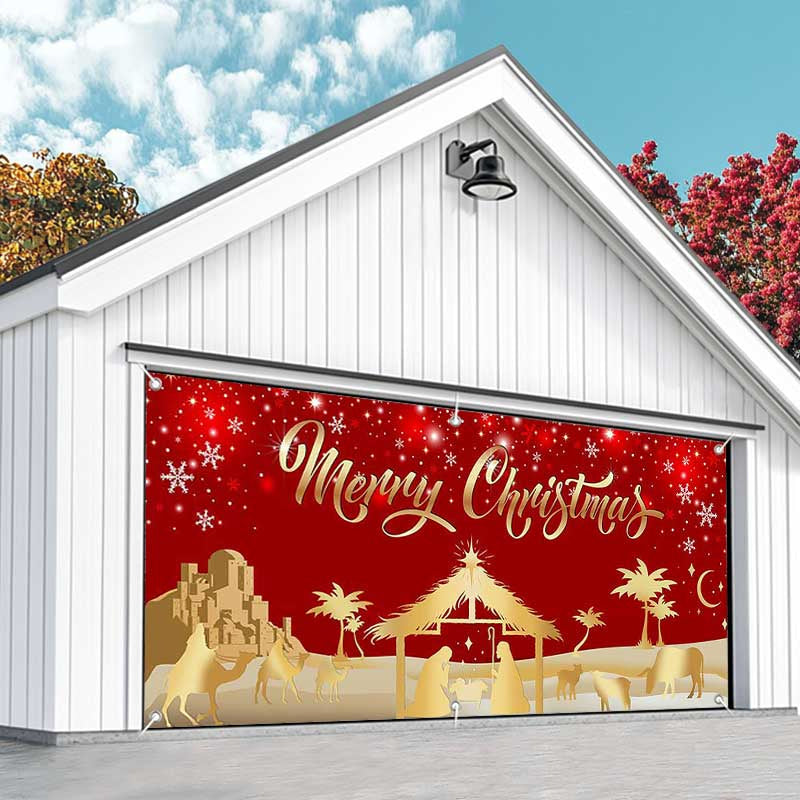 Aperturee - Aperturee Red Gold Snowy Night Nativity Garage Door Banner