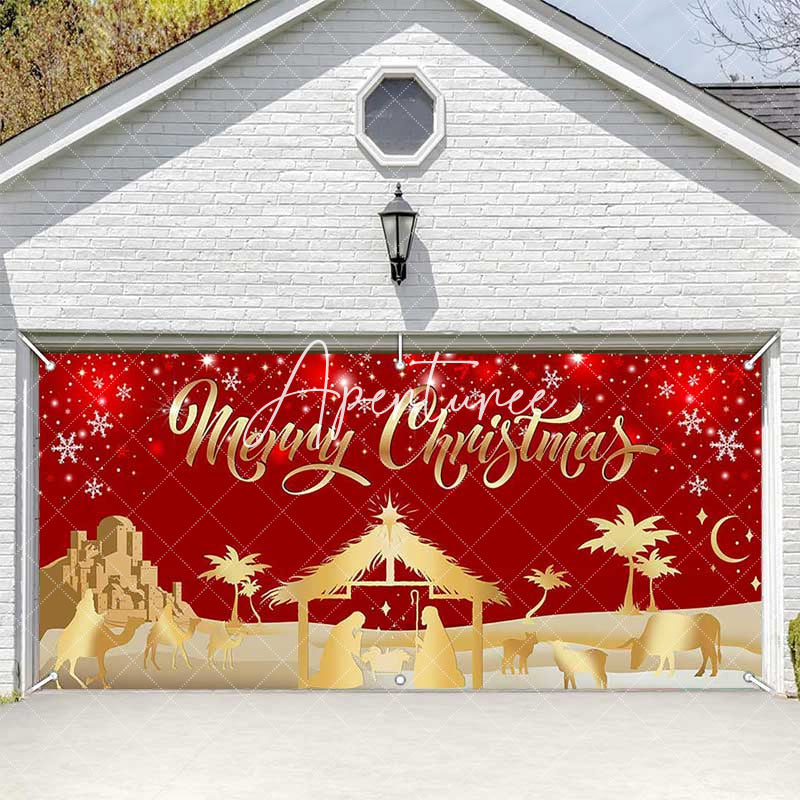 Aperturee - Aperturee Red Gold Snowy Night Nativity Garage Door Banner