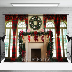 Aperturee - Aperturee Red Green Plaid Fireplace Window Christmas Backdrop