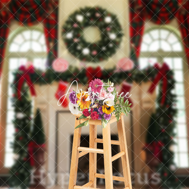 Aperturee - Aperturee Red Green Plaid Fireplace Window Christmas Backdrop