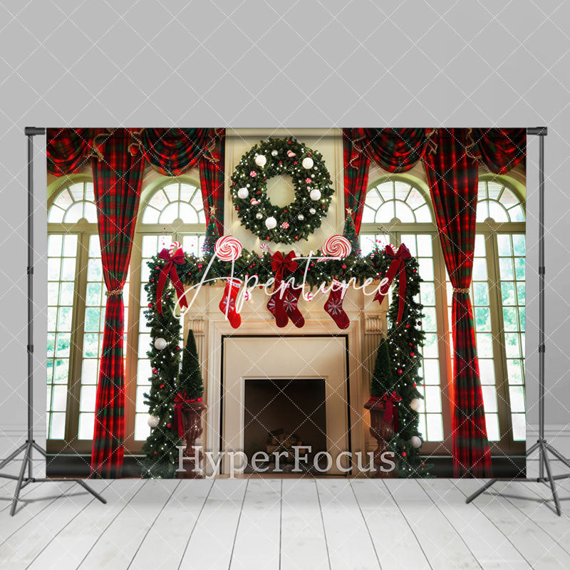 Aperturee - Aperturee Red Green Plaid Fireplace Window Christmas Backdrop