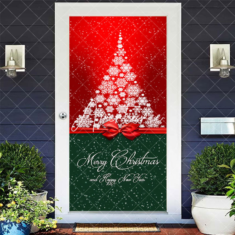 Aperturee - Aperturee Red Green Snowy Tree Bow Tie Christmas Door Cover