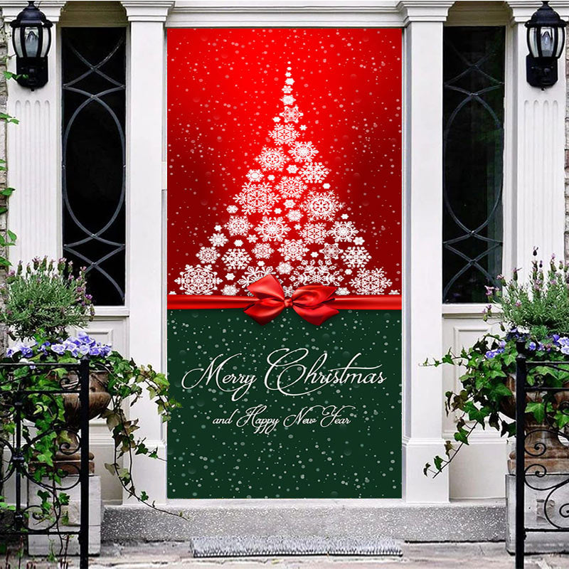 Aperturee - Aperturee Red Green Snowy Tree Bow Tie Christmas Door Cover