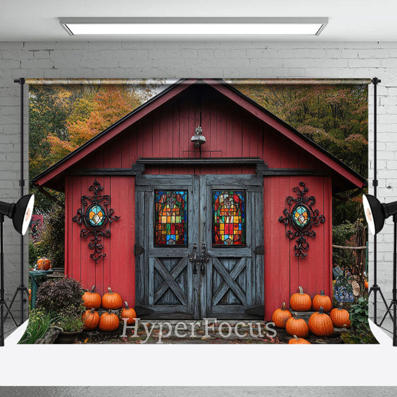 Aperturee - Aperturee Red Grey Wooden Barn Forest Pumpkin Autumn Backdrop