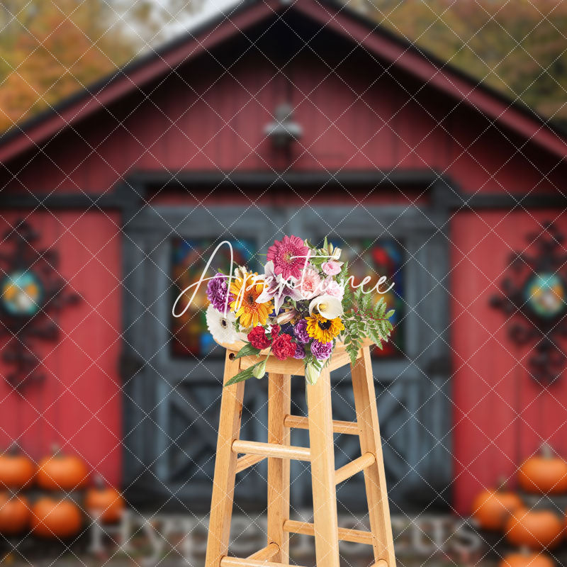 Aperturee - Aperturee Red Grey Wooden Barn Forest Pumpkin Autumn Backdrop