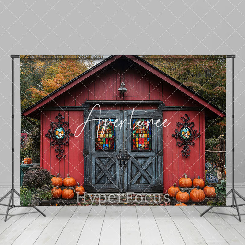 Aperturee - Aperturee Red Grey Wooden Barn Forest Pumpkin Autumn Backdrop