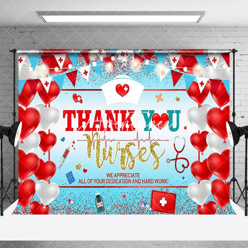 Aperturee - Aperturee Red Heart Balloons Glitter Thank You Nurses Backdrop