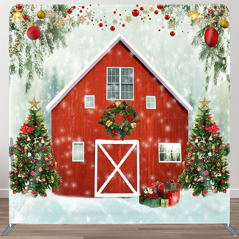 Aperturee - Aperturee Red House And Tree Fabric Backdrop Cover for Christmas