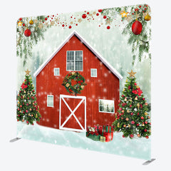 Aperturee - Aperturee Red House And Tree Fabric Backdrop Cover for Christmas