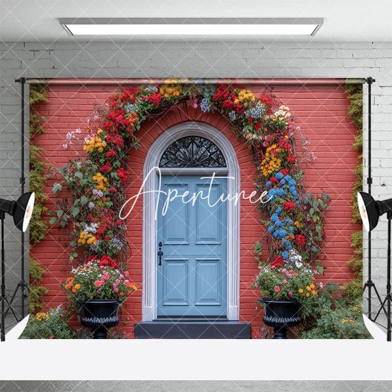 Aperturee - Aperturee Red House Blue Door Floral Arch Spring Photo Backdrop