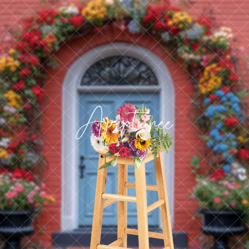 Aperturee - Aperturee Red House Blue Door Floral Arch Spring Photo Backdrop