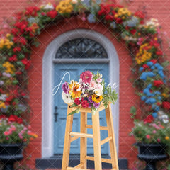 Aperturee - Aperturee Red House Blue Door Floral Arch Spring Photo Backdrop