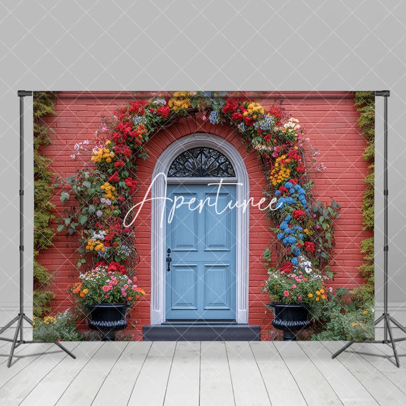 Aperturee - Aperturee Red House Blue Door Floral Arch Spring Photo Backdrop