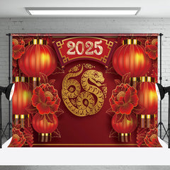 Aperturee - Aperturee Red Lantern Floral Gold Snake 2025 New Year Backdrop