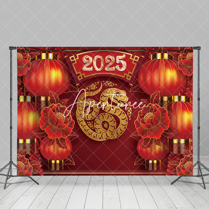 Aperturee - Aperturee Red Lantern Floral Gold Snake 2025 New Year Backdrop