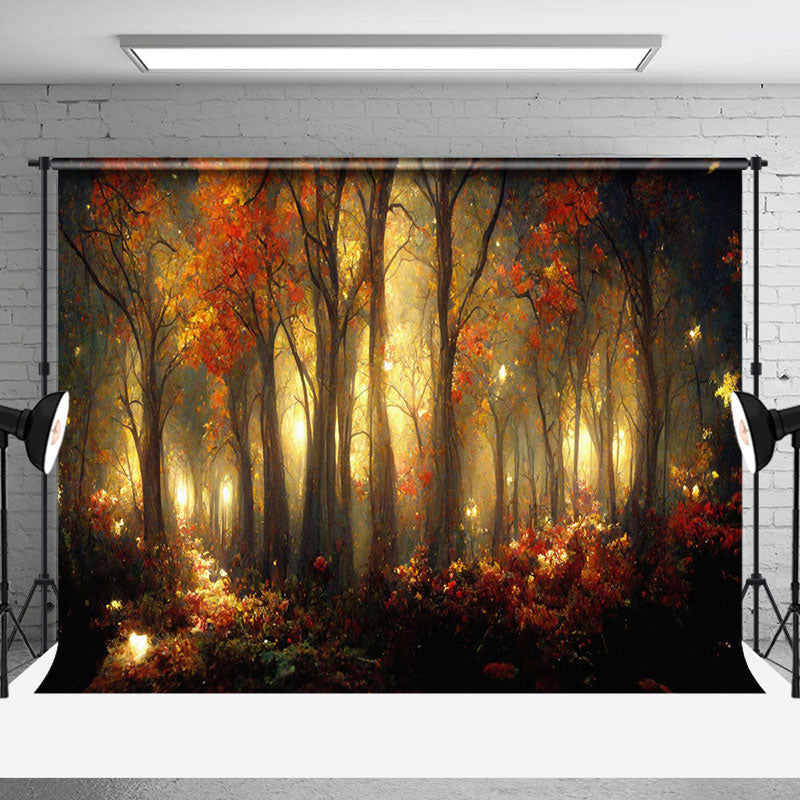 Aperturee - Aperturee Red Leaves Flowers Forest Painting Autumn Backdrop