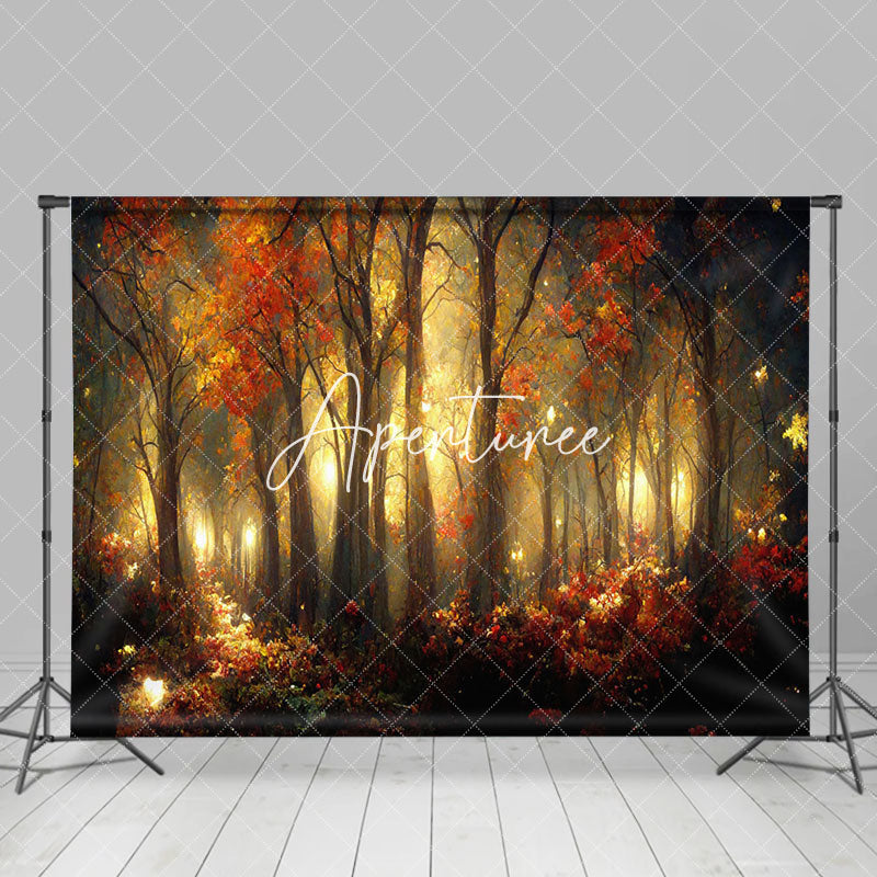 Aperturee - Aperturee Red Leaves Flowers Forest Painting Autumn Backdrop