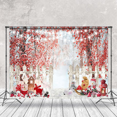 Aperturee - Aperturee Red Leaves Snow Forest Snowman Christmas Backdrop