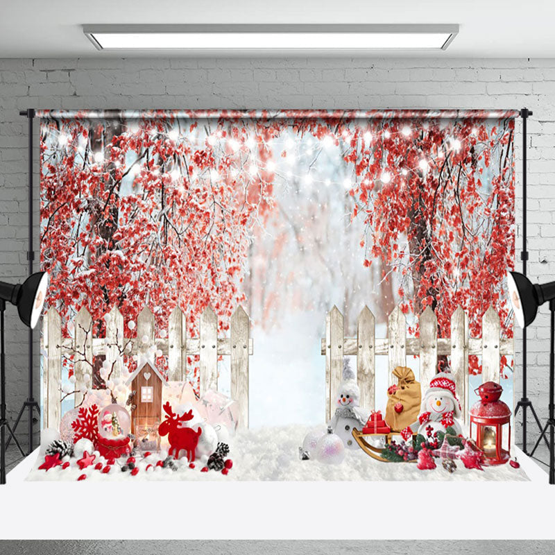 Aperturee - Aperturee Red Leaves Snow Forest Snowman Christmas Backdrop