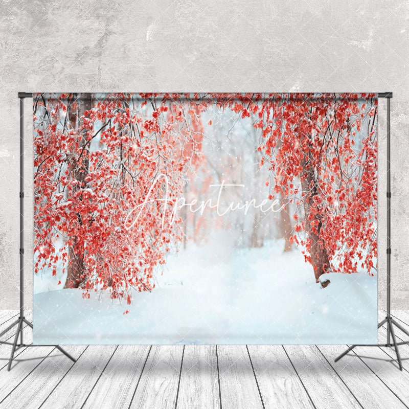 Aperturee - Aperturee Red Leaves Tree Forest Snow Winter Photo Backdrop