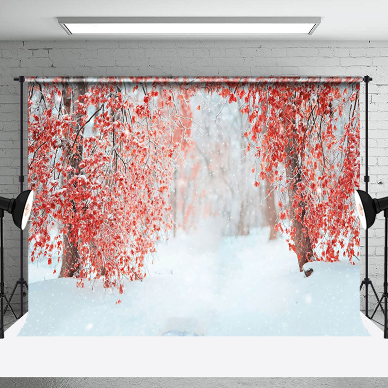 Aperturee - Aperturee Red Leaves Tree Forest Snow Winter Photo Backdrop