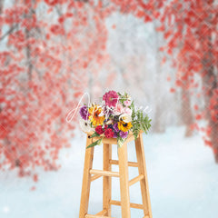 Aperturee - Aperturee Red Leaves Tree Forest Snow Winter Photo Backdrop