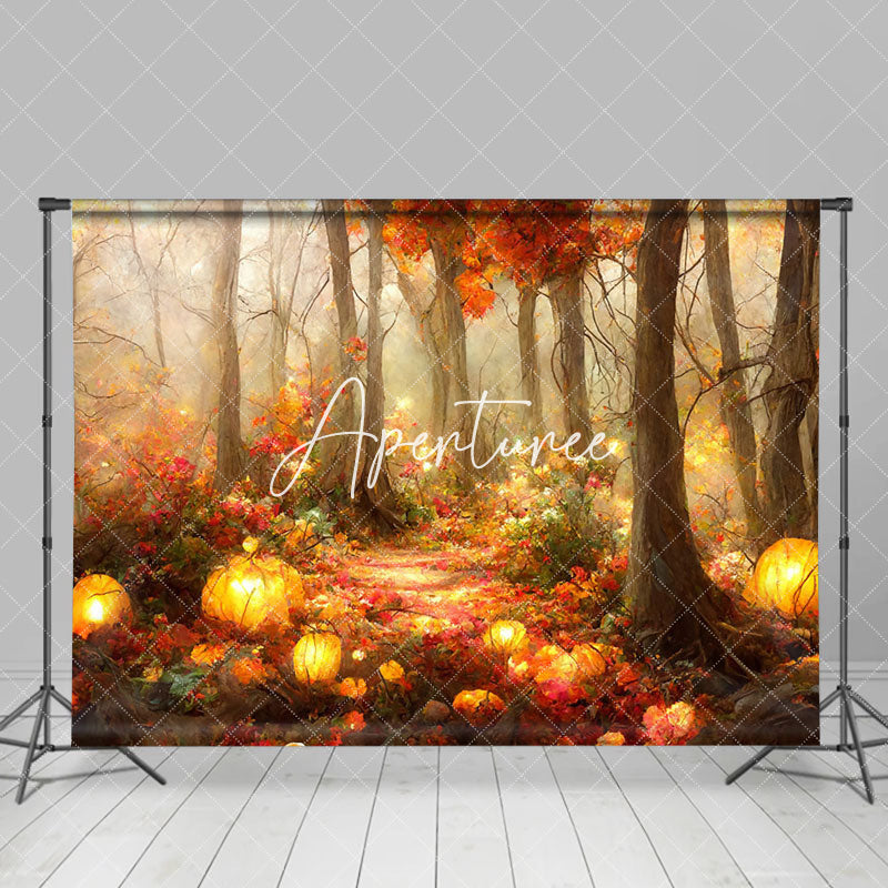 Aperturee - Aperturee Red Leaves Trees Pumpkin Watercolor Autumn Backdrop