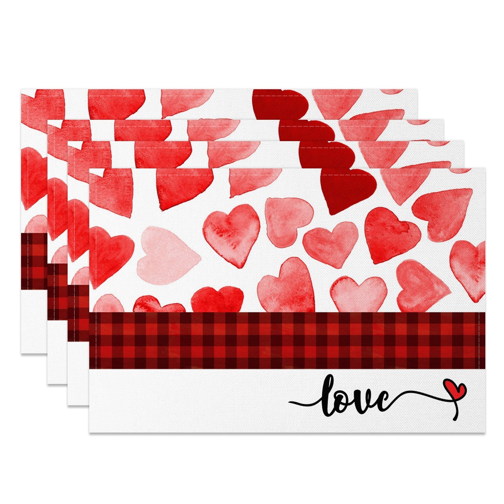 Aperturee - Aperturee Red Love Plaid Valentines Day Set Of 4 Placemats