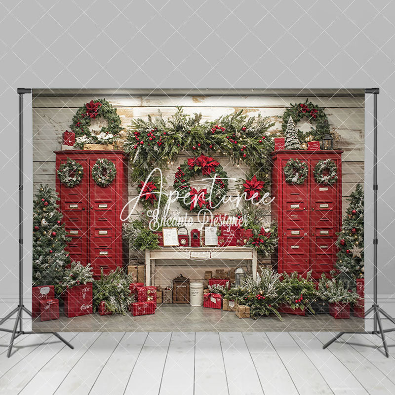 Aperturee - Aperturee Red Mailbox Wreaths Festive Photo Christmas Backdrop