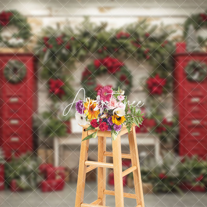 Aperturee - Aperturee Red Mailbox Wreaths Festive Photo Christmas Backdrop