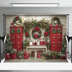 Aperturee - Aperturee Red Mailbox Wreaths Festive Photo Christmas Backdrop