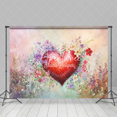 Aperturee - Aperturee Red Painted Heart Floral Valentines Day Backdrop