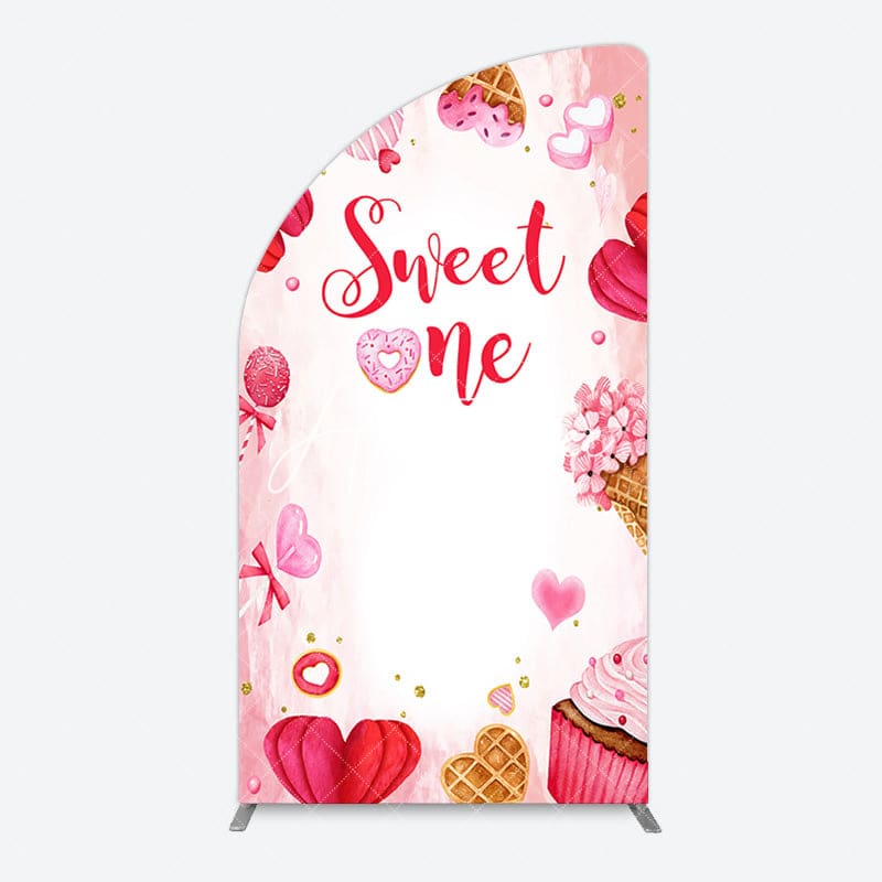 Aperturee - Aperturee Red Pink Candyland Desserts Sweet One Half Moon Arch Backdrop