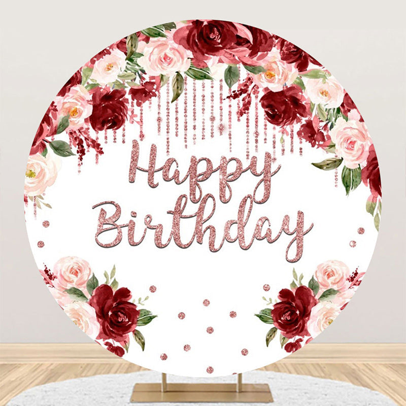 Aperturee - Aperturee Red Pink Floral Rose Gold Round Birthday Backdrop