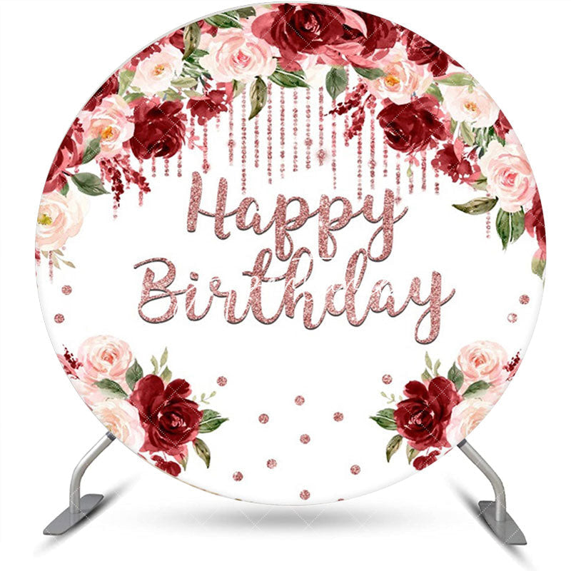 Aperturee - Aperturee Red Pink Floral Rose Gold Round Birthday Backdrop