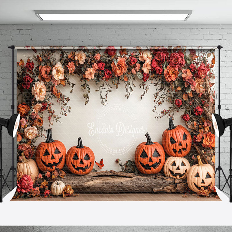 Aperturee - Aperturee Red Pink Floral Trunk Pumpkins Halloween Backdrop