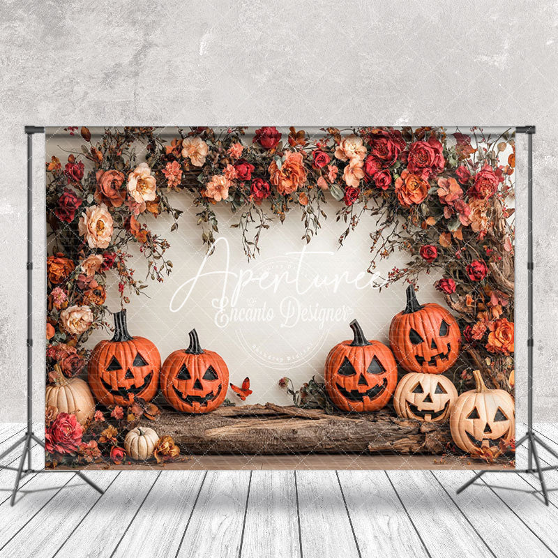 Aperturee - Aperturee Red Pink Floral Trunk Pumpkins Halloween Backdrop