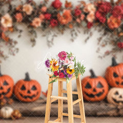 Aperturee - Aperturee Red Pink Floral Trunk Pumpkins Halloween Backdrop