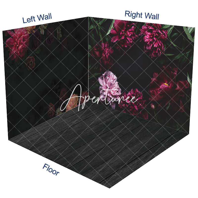 Aperturee - Aperturee Red Pink Floral Wood Floor Fine Art Room Set Backdrop