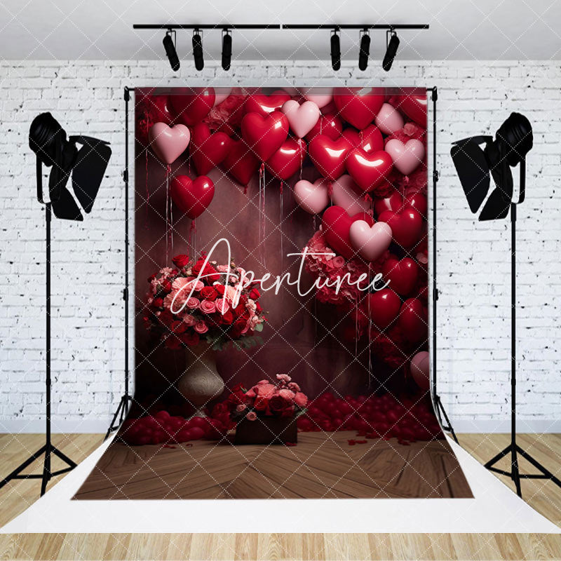 Aperturee - Aperturee Red Pink Love Balloon Floral Valentines Day Backdrop